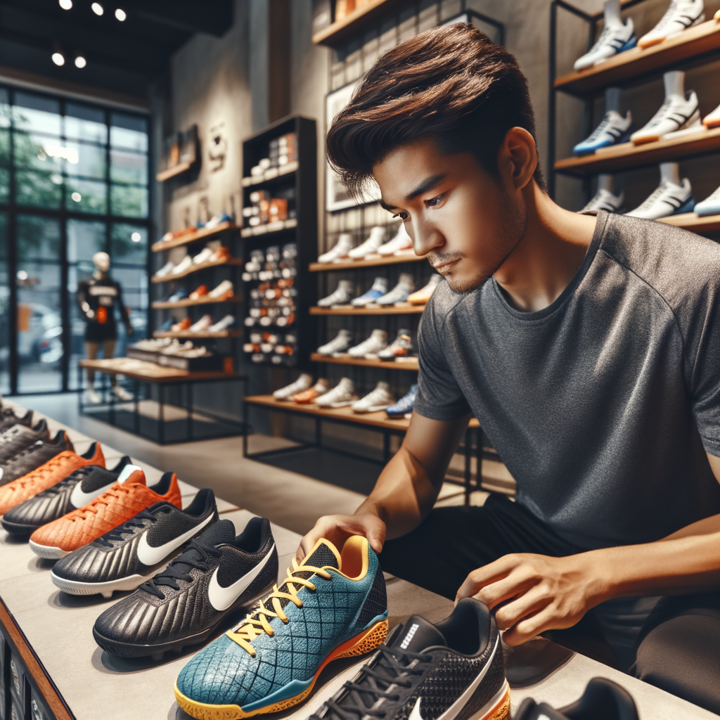 Professional handball player choosing from a selection of high-performance handball shoes for a perfect fit, using a handball footwear guide in a sports store, emphasizing the importance of comfort and quality in finding the best handball shoes.